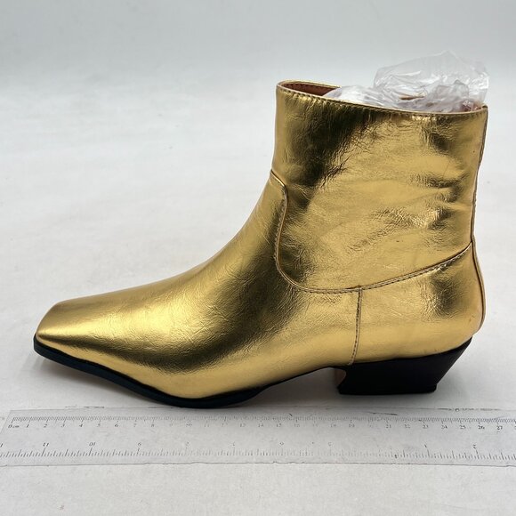 FOWT Gold Square Toe Side Zipper Ankle Boot Block Low Heel Short Boots Warm Boot - Picture 2 of 8